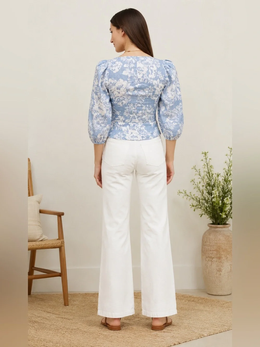 New! Reformation Barrett Linen Lace-Up Floral Top in Blue & White 🩵 Size 6